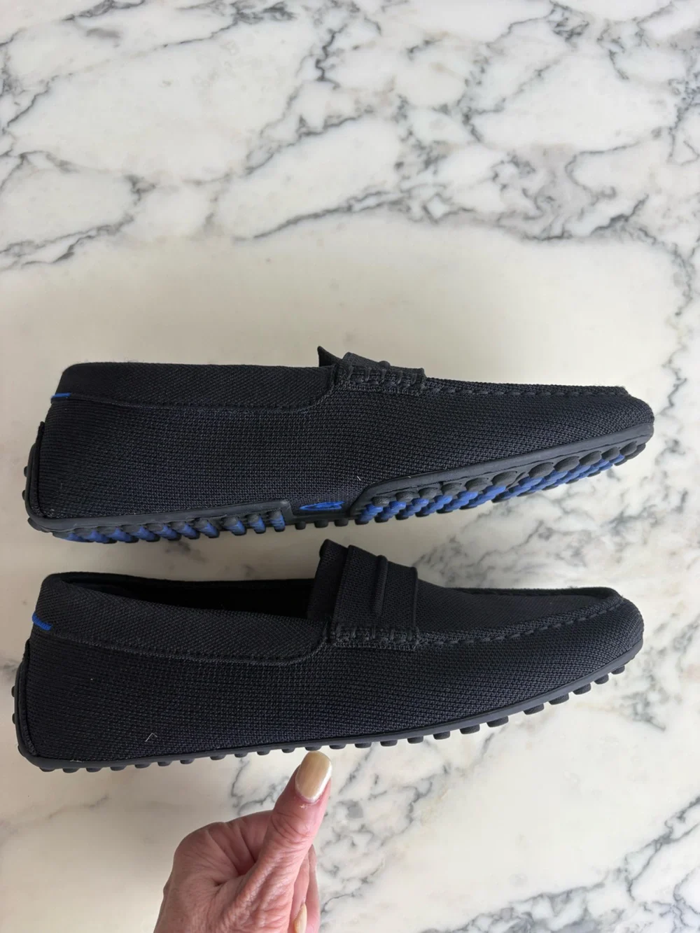 Rothy's The Driver slip-on loafer Black w/blue piping detail sz 9.5